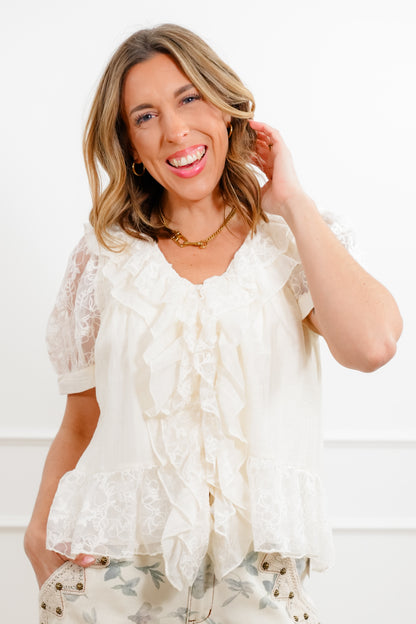 Cream Short Sleeve V Neckline Top with Ruffle