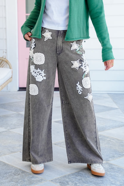 Straight Leg Pants with Floral Crochet Detail
