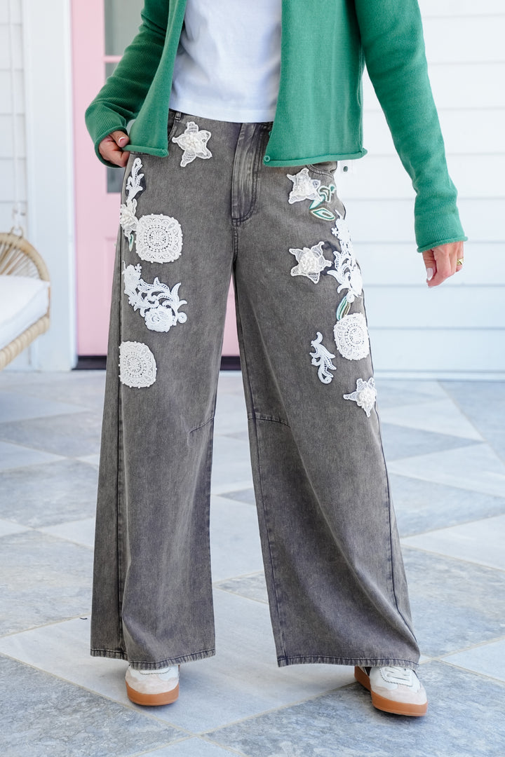 Straight Leg Pants with Floral Crochet Detail
