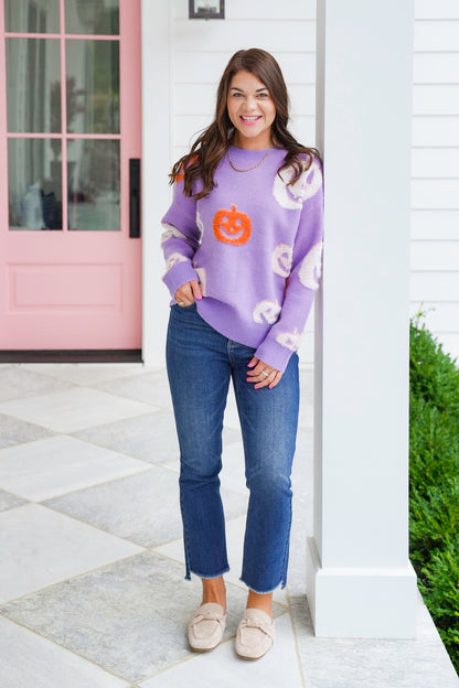 Knit Long Sleeve Sweater with Halloween Pumpkin Detail