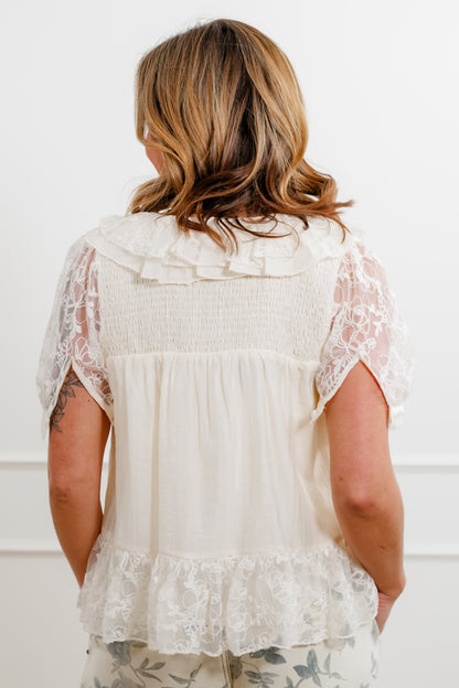 Cream Short Sleeve V Neckline Top with Ruffle