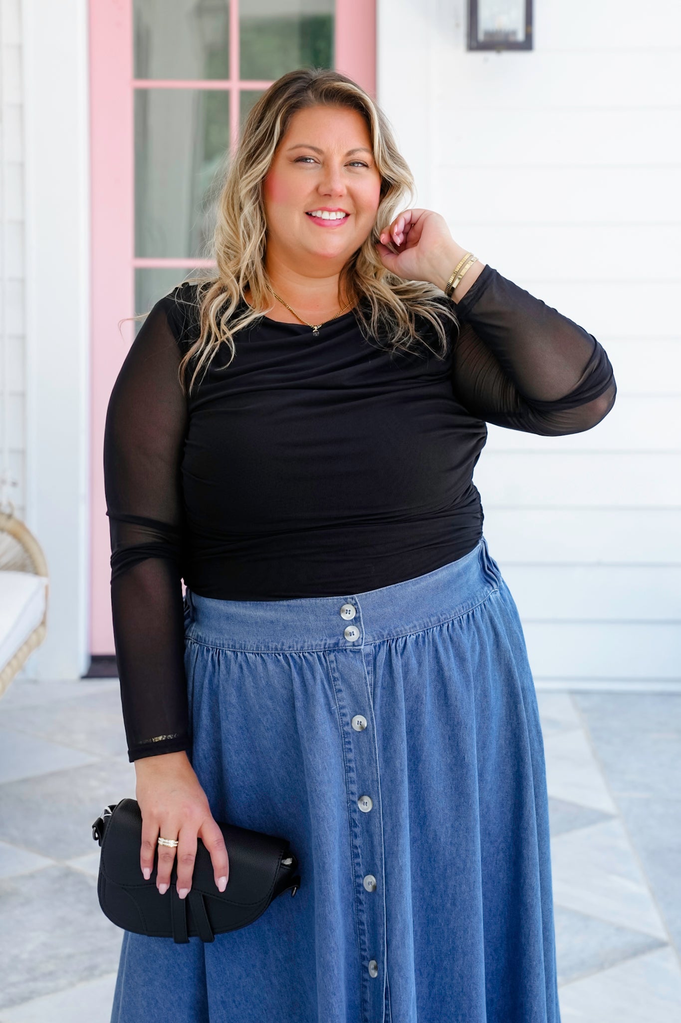 Plus/Reg Black Long Sleeve Top with Ruching Detail