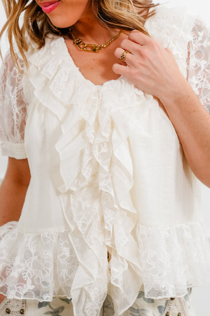 Cream Short Sleeve V Neckline Top with Ruffle