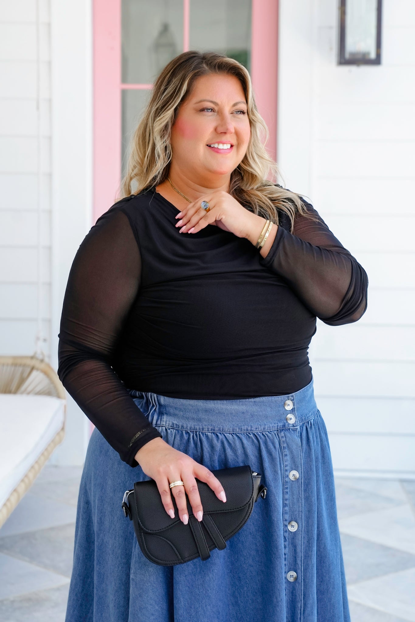 Plus/Reg Black Long Sleeve Top with Ruching Detail