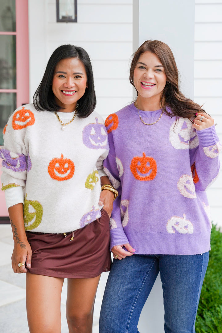 Knit Long Sleeve Sweater with Halloween Pumpkin Detail