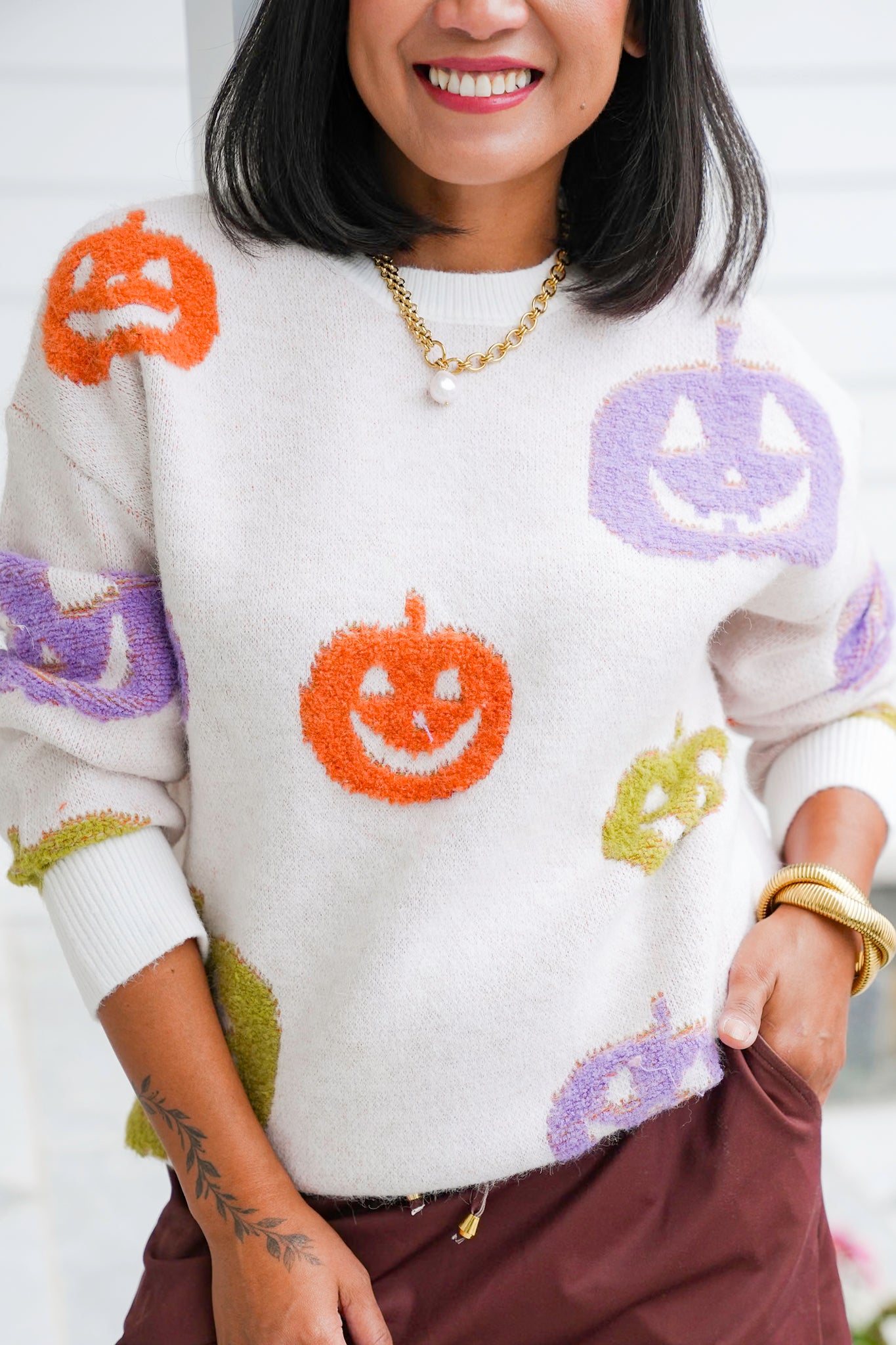 Knit Long Sleeve Sweater with Halloween Pumpkin Detail