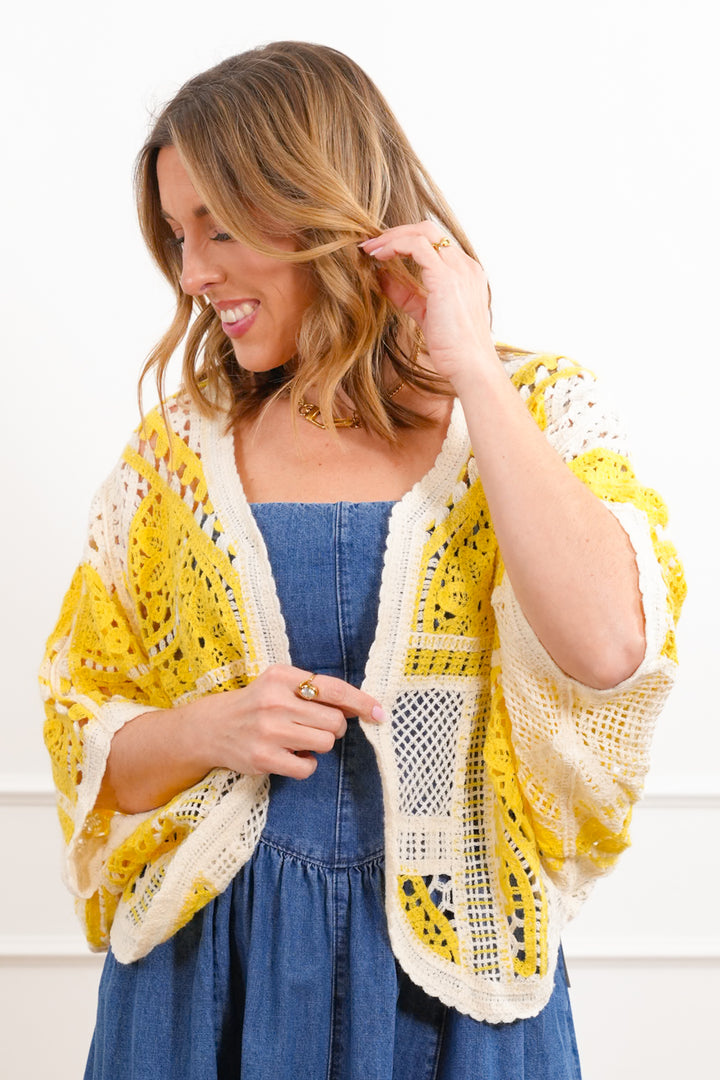 POL Crochet 3/4 Sleeve Open Cardigan