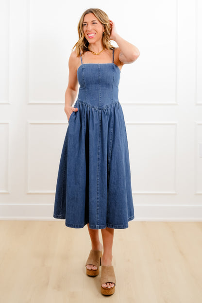 Medium Wash Sleeveless Midi Dress