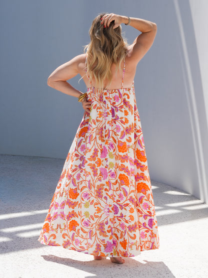 Floral Print Sleeveless Lattice Bodice Maxi Dress