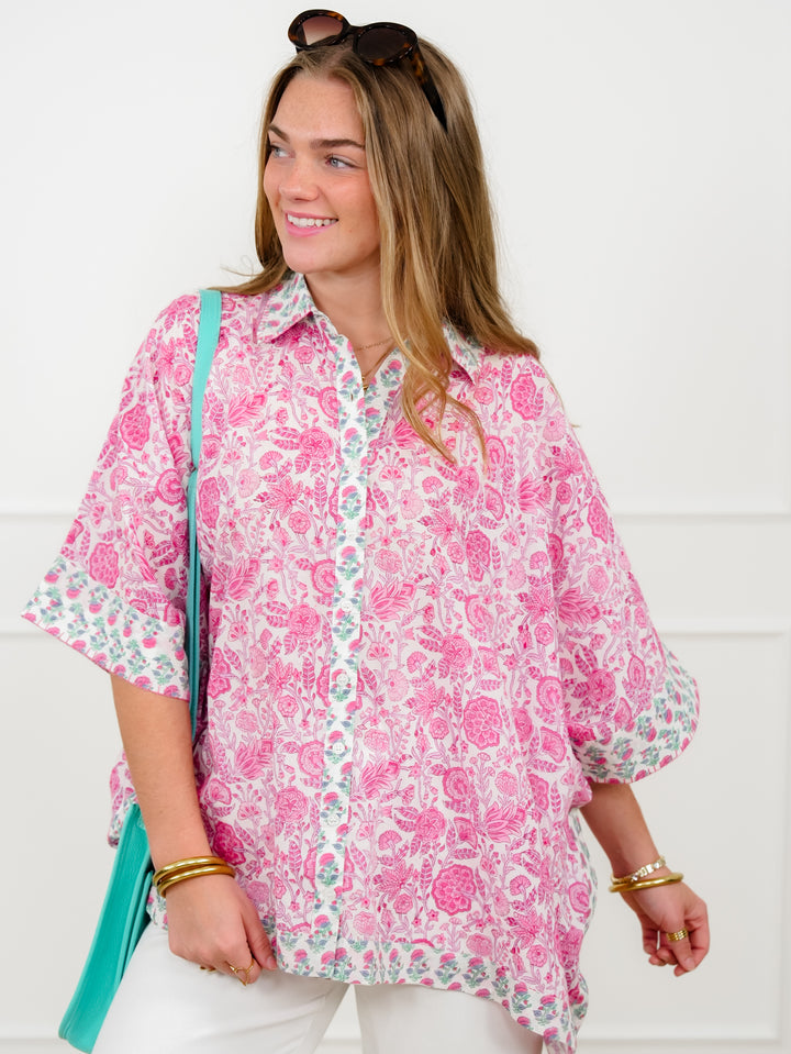 POL Floral Print Short Sleeve Button Down Top