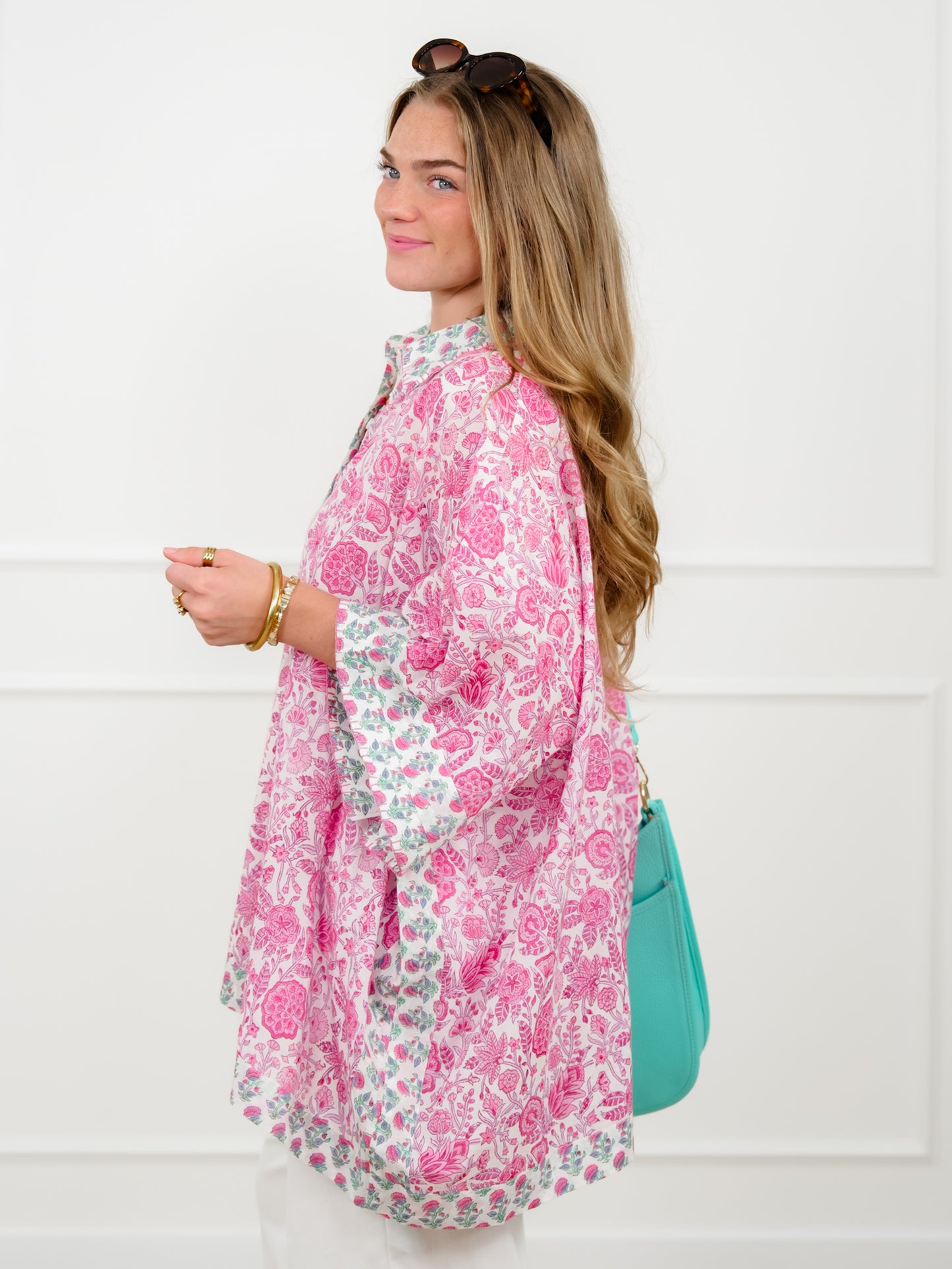 POL Floral Print Short Sleeve Button Down Top