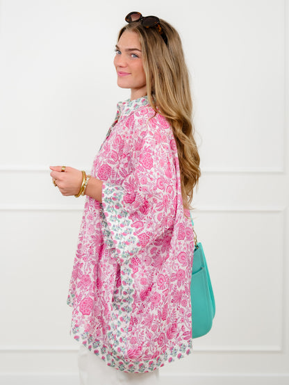 POL Floral Print Short Sleeve Button Down Top