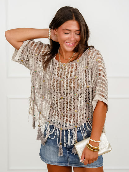 POL Crochet Short Sleeve Top With Tassels
