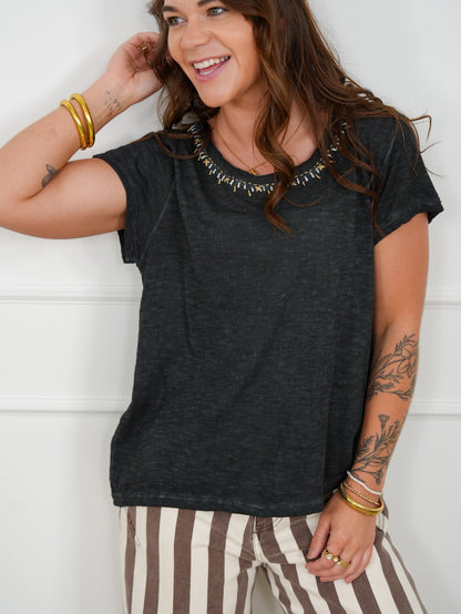 POL Cotton Blend Short Sleeve Round Neck Top