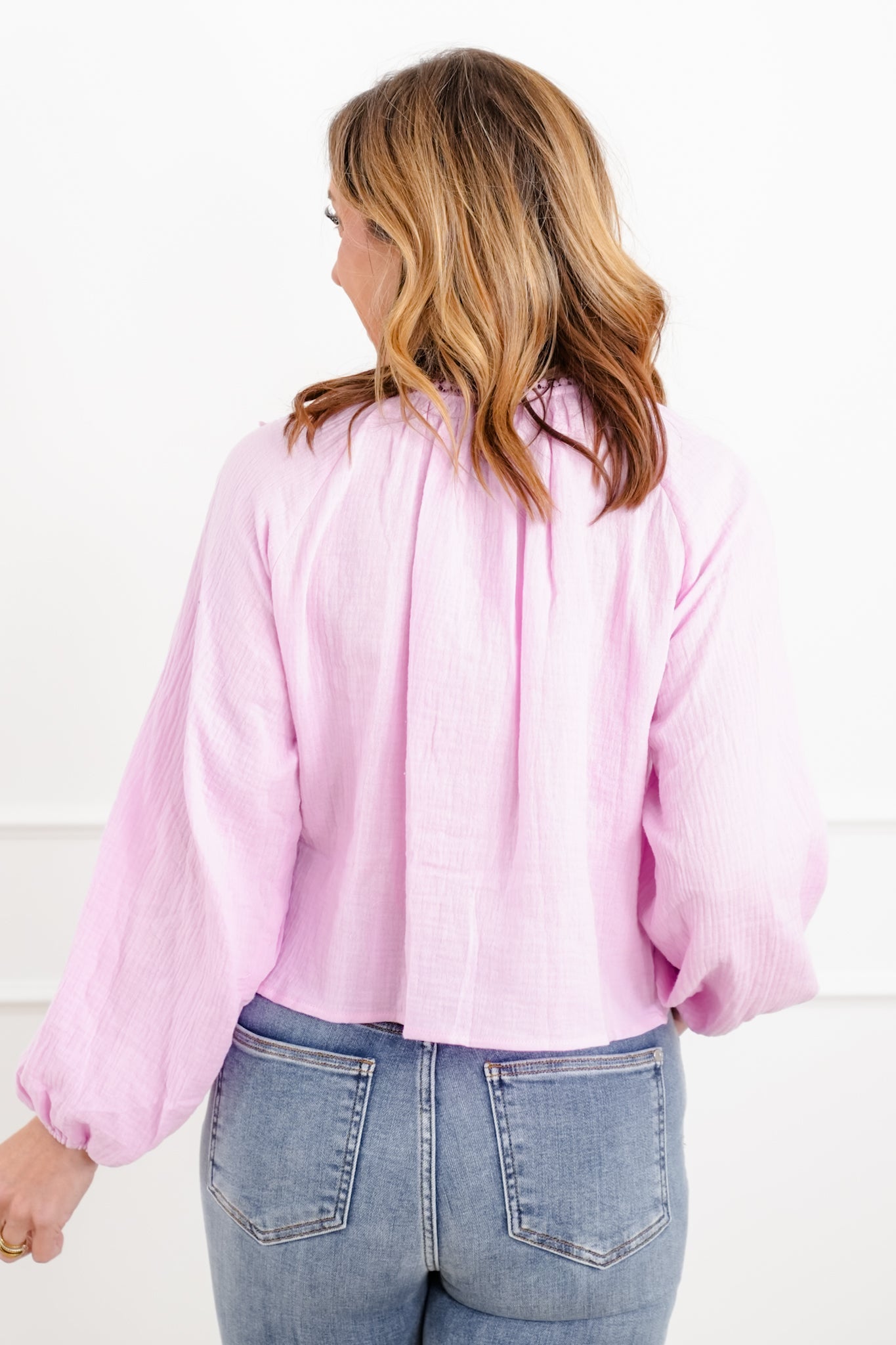 Gauze Long Sleeve Button Down Top with Lace Trim