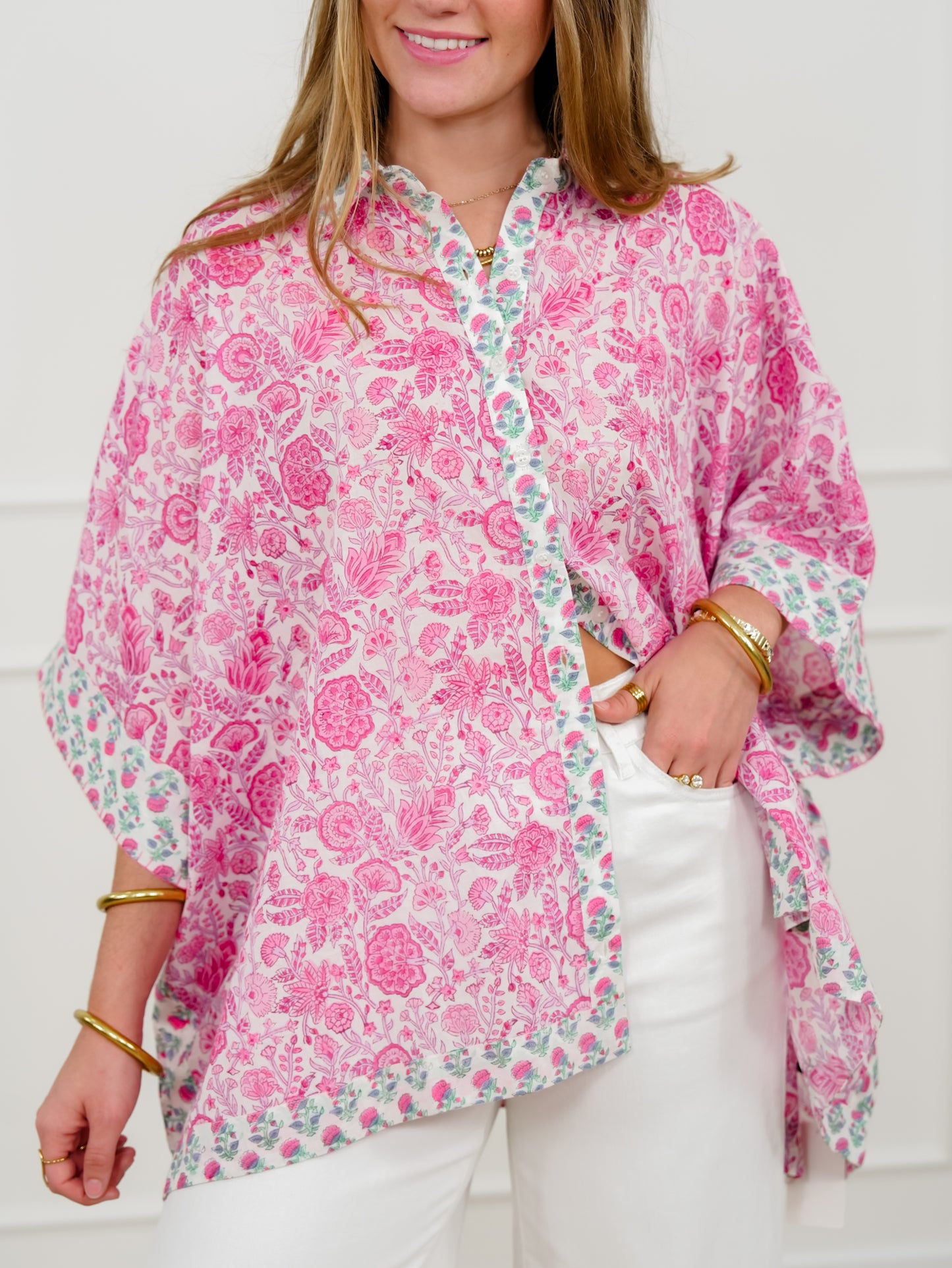 POL Floral Print Short Sleeve Button Down Top