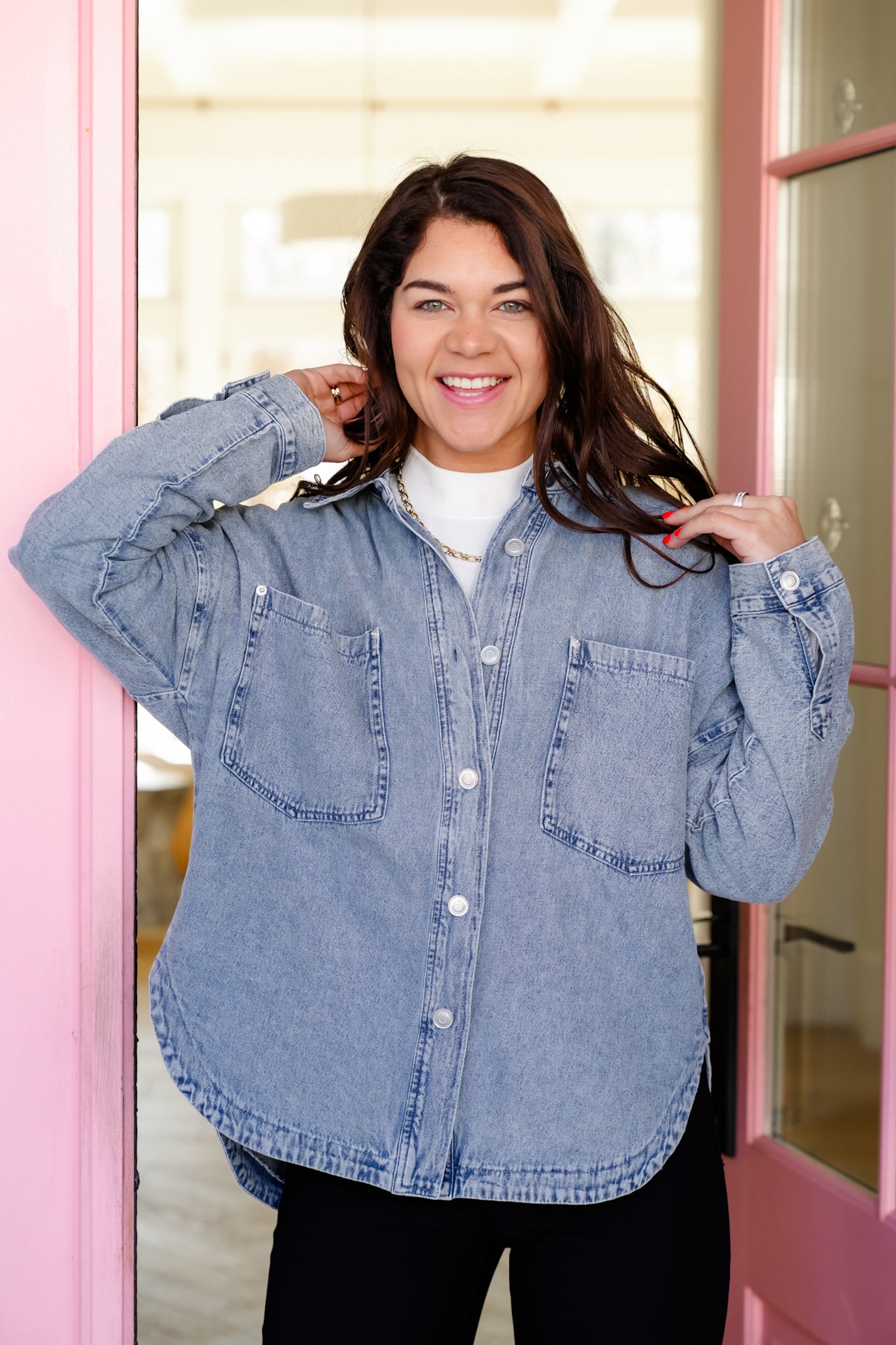 Light Wash Long Sleeve Button Down Top