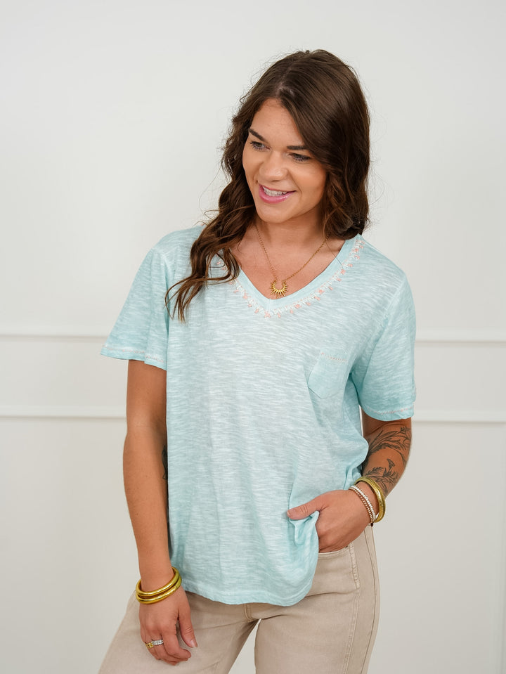 POL Short Sleeve Embroidered Detail V-Neck Top - Freckled Poppy