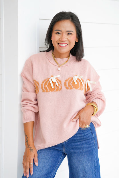 Long Sleeve Pumpkin Sweater with Lace Bows