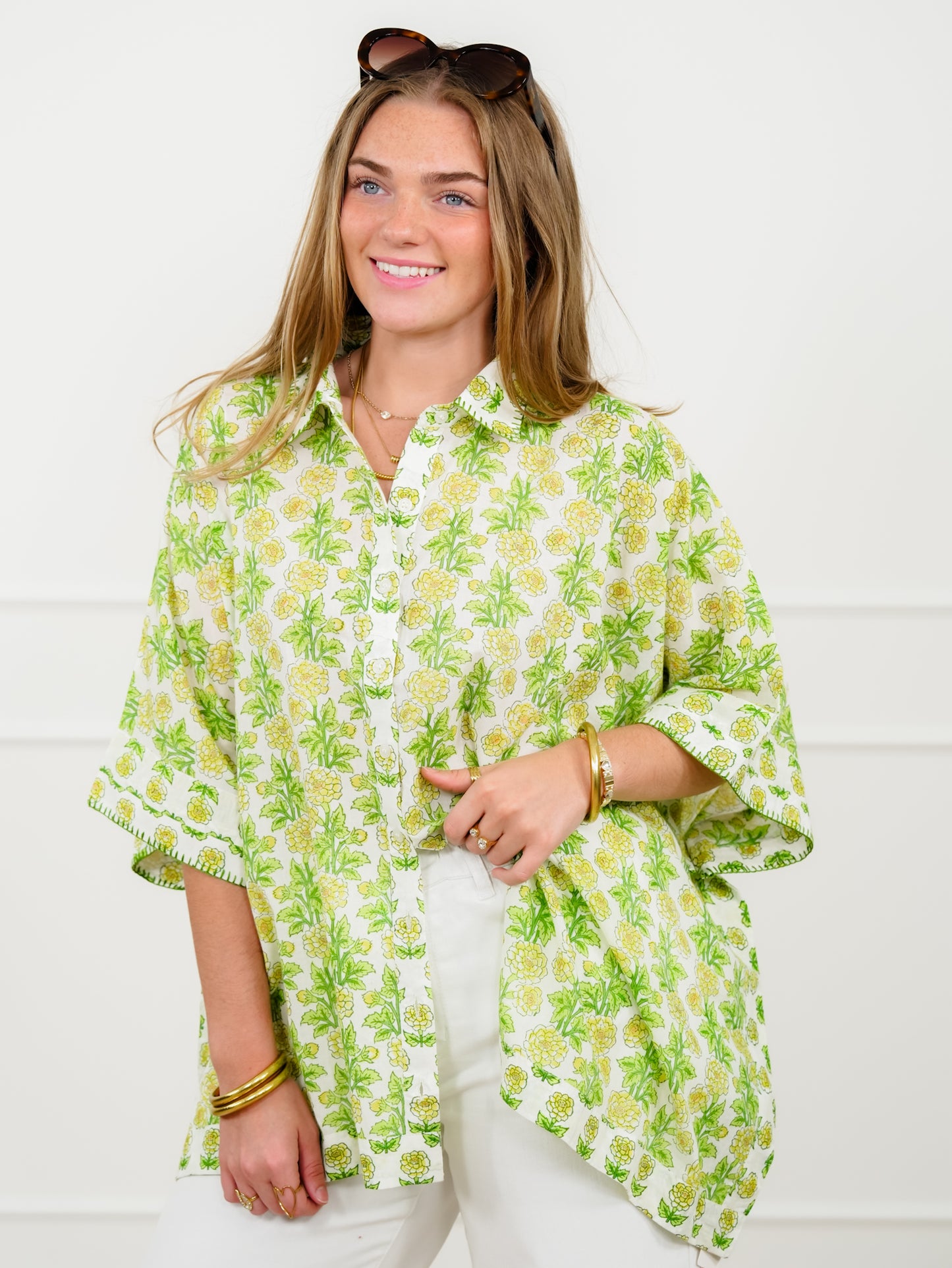 POL Floral Print Short Sleeve Button Down Top