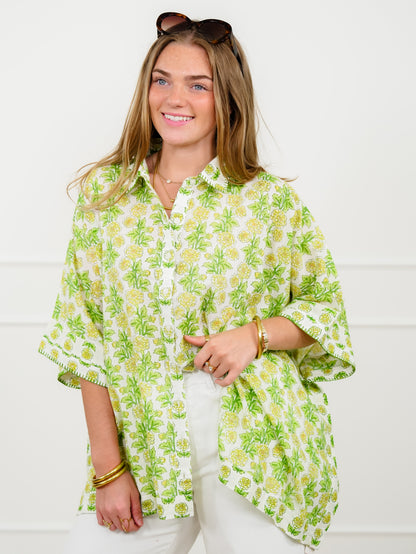 POL Floral Print Short Sleeve Button Down Top