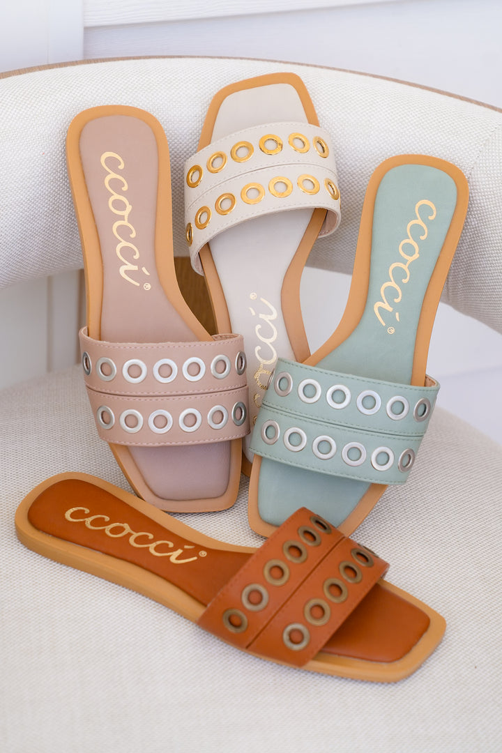 Flat Slide Sandals with Flat Slide Sandals with Grommet Strap Detail