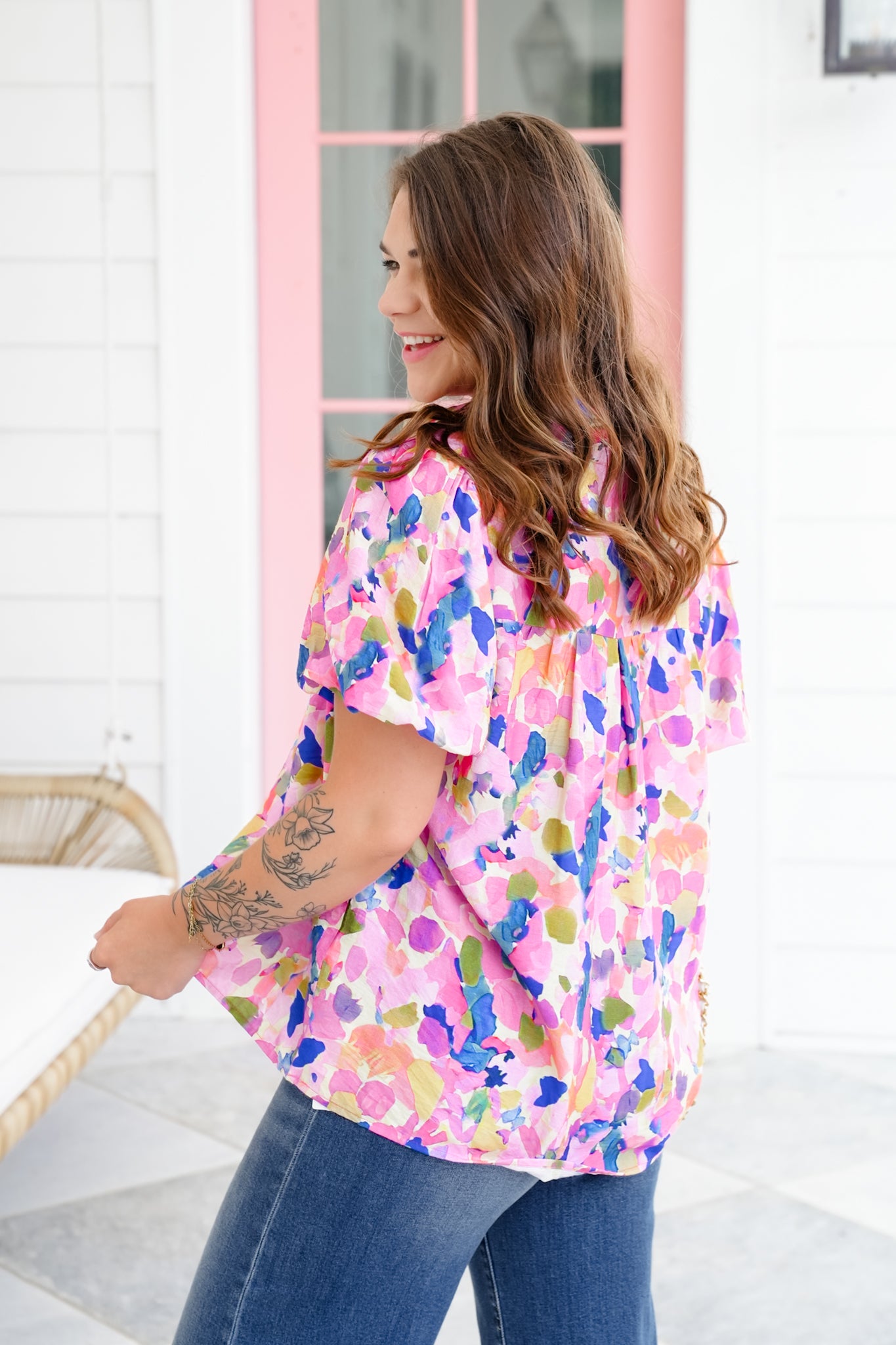 Floral Short Bubble Sleeve Split Neck Top