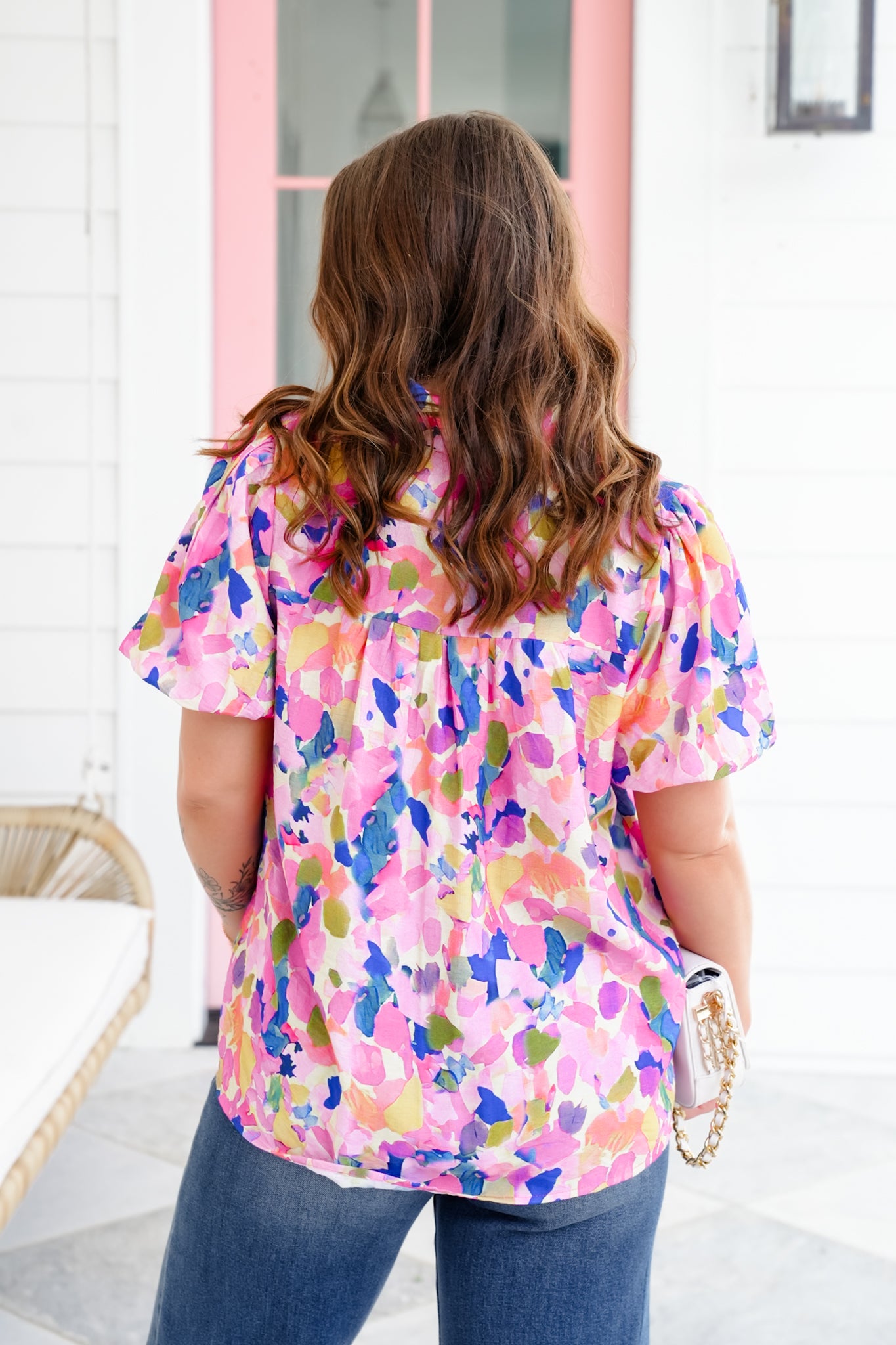 Floral Short Bubble Sleeve Split Neck Top