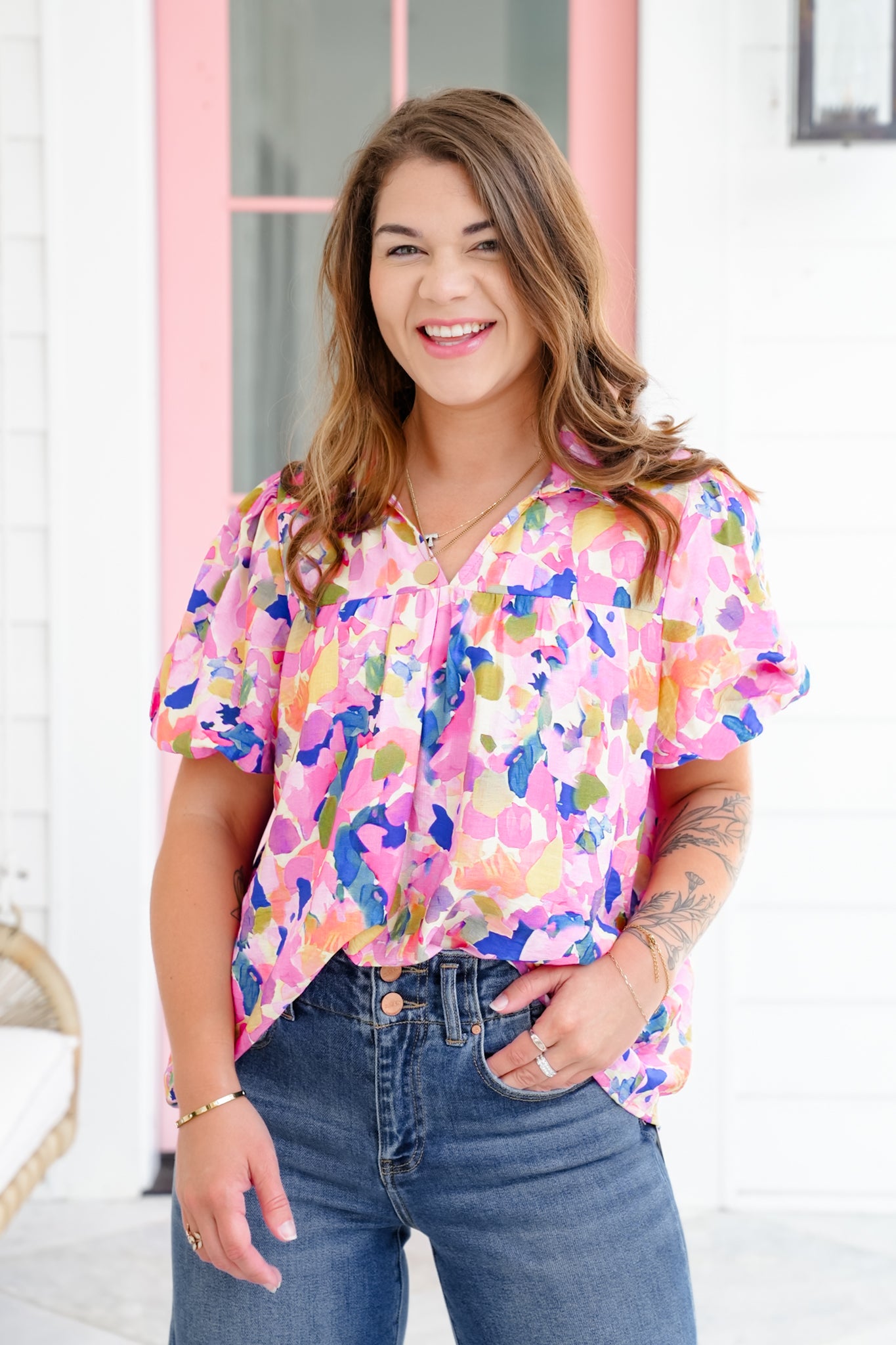 Floral Short Bubble Sleeve Split Neck Top