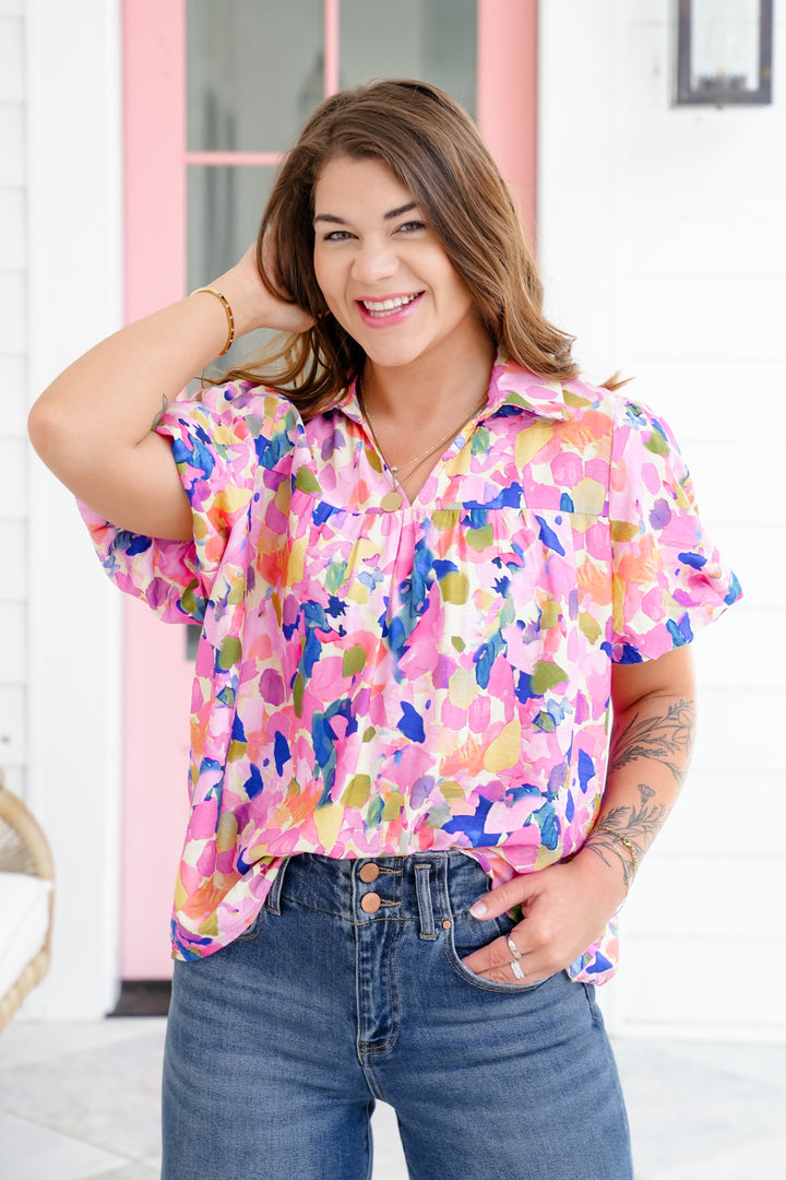 Floral Short Bubble Sleeve Split Neck Top