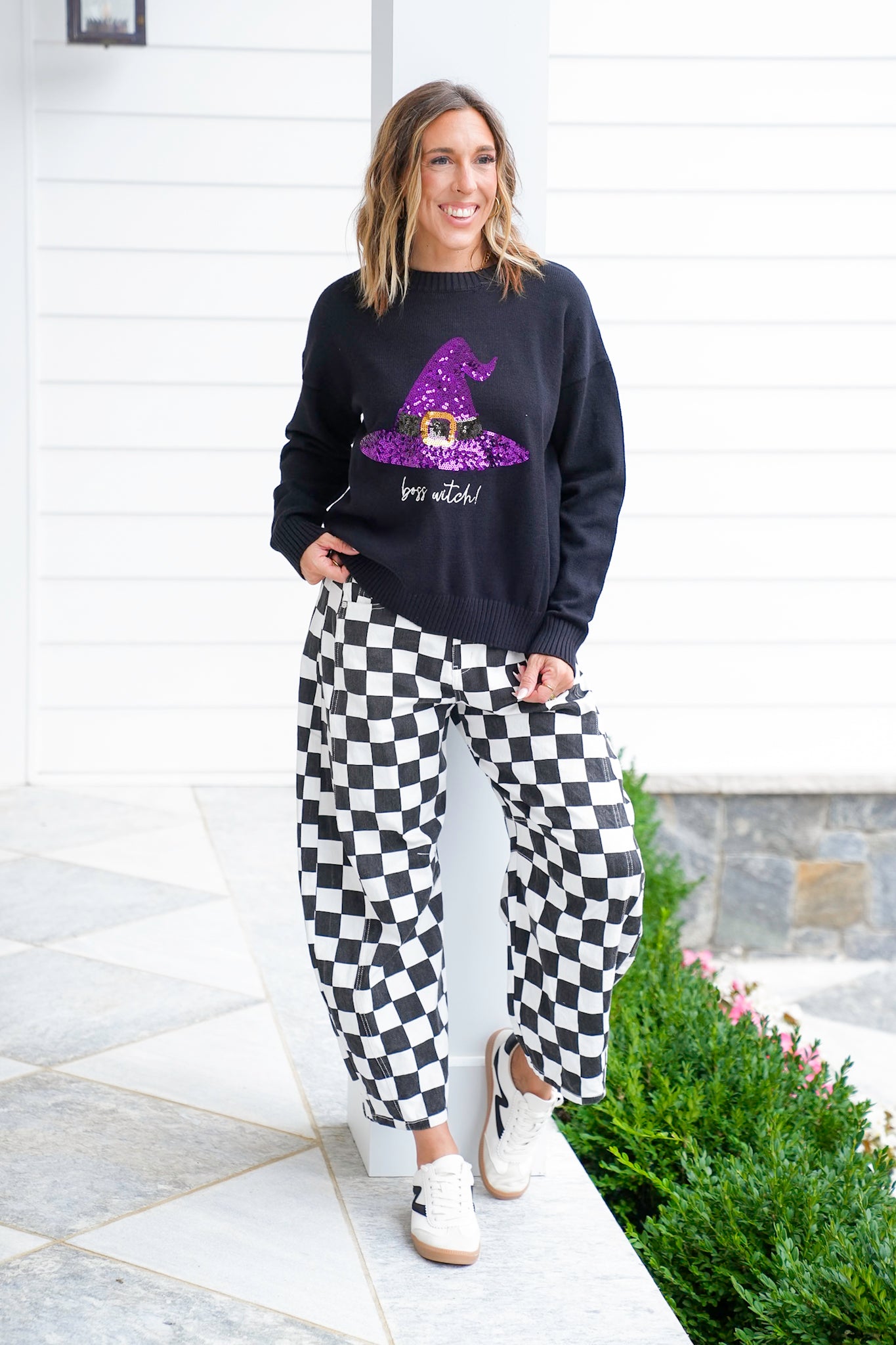 Halloween Long Sleeve Embroidered Sweater with Sequin Witch Hat