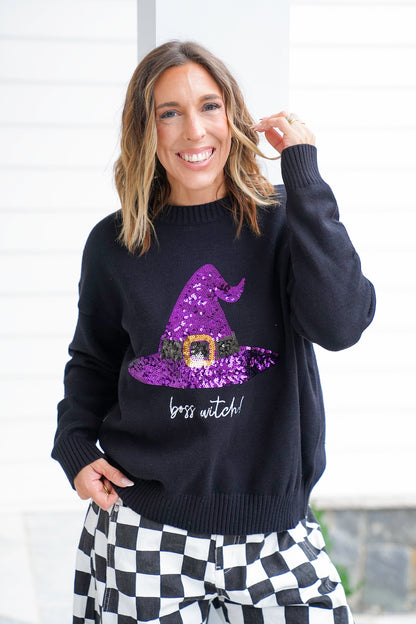 Halloween Long Sleeve Embroidered Sweater with Sequin Witch Hat