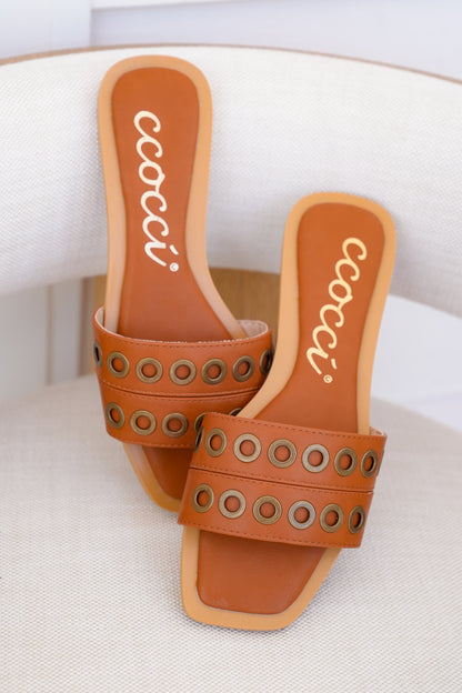 Flat Slide Sandals with Grommet Strap Detail