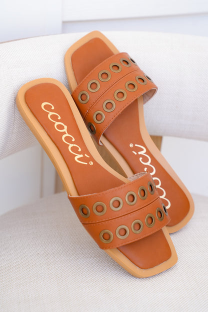 Flat Slide Sandals with Grommet Strap Detail