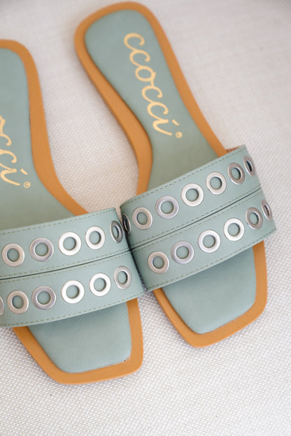 Flat Slide Sandals with Grommet Strap Detail