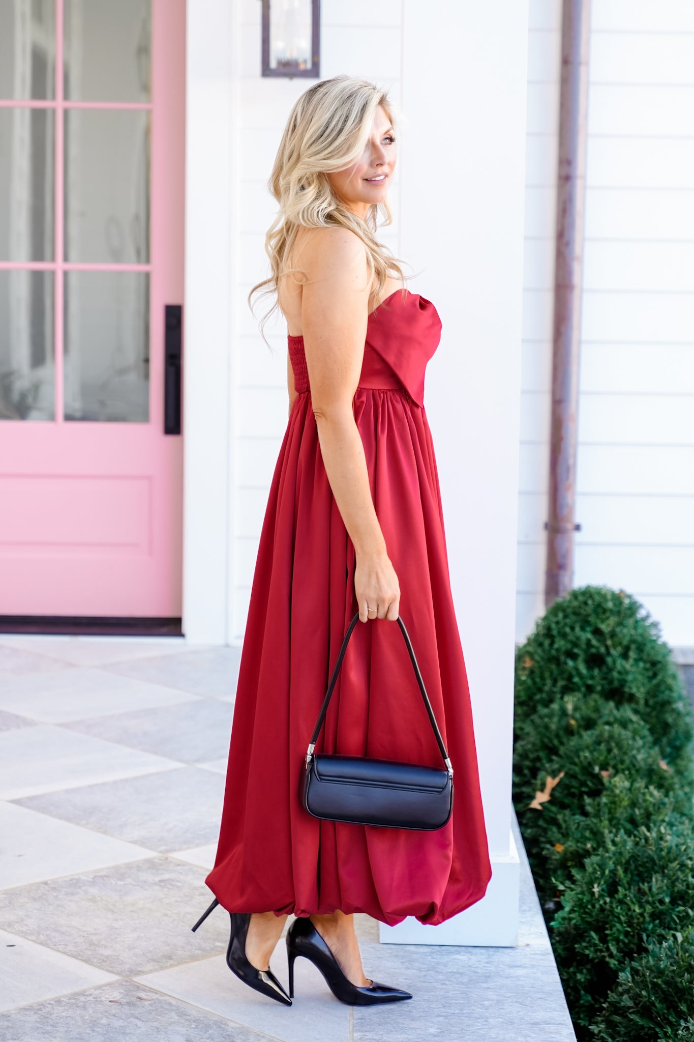 Solid Strapless Bubble Hem Midi Dress with Bow