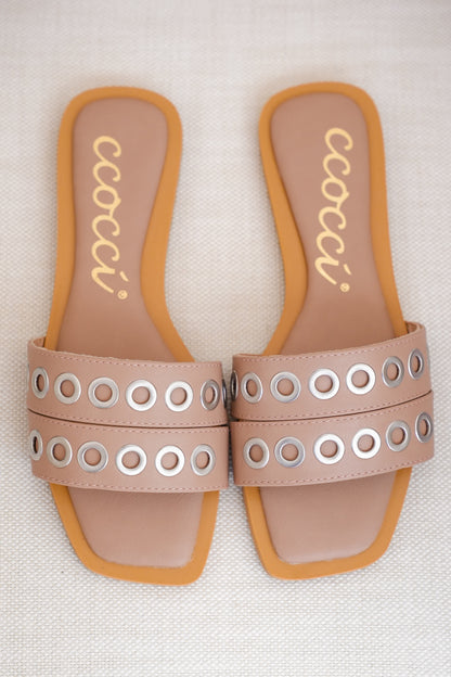 Flat Slide Sandals with Grommet Strap Detail