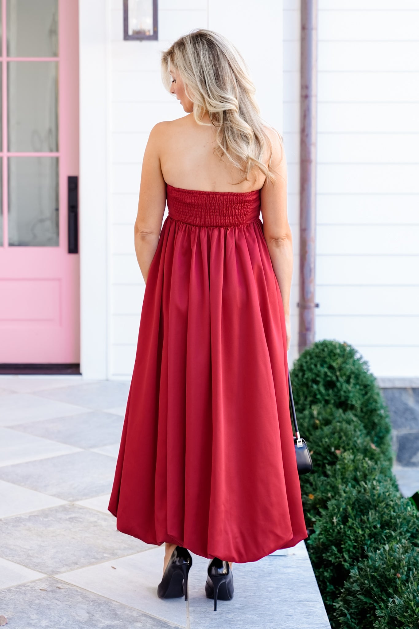 Solid Strapless Bubble Hem Midi Dress with Bow