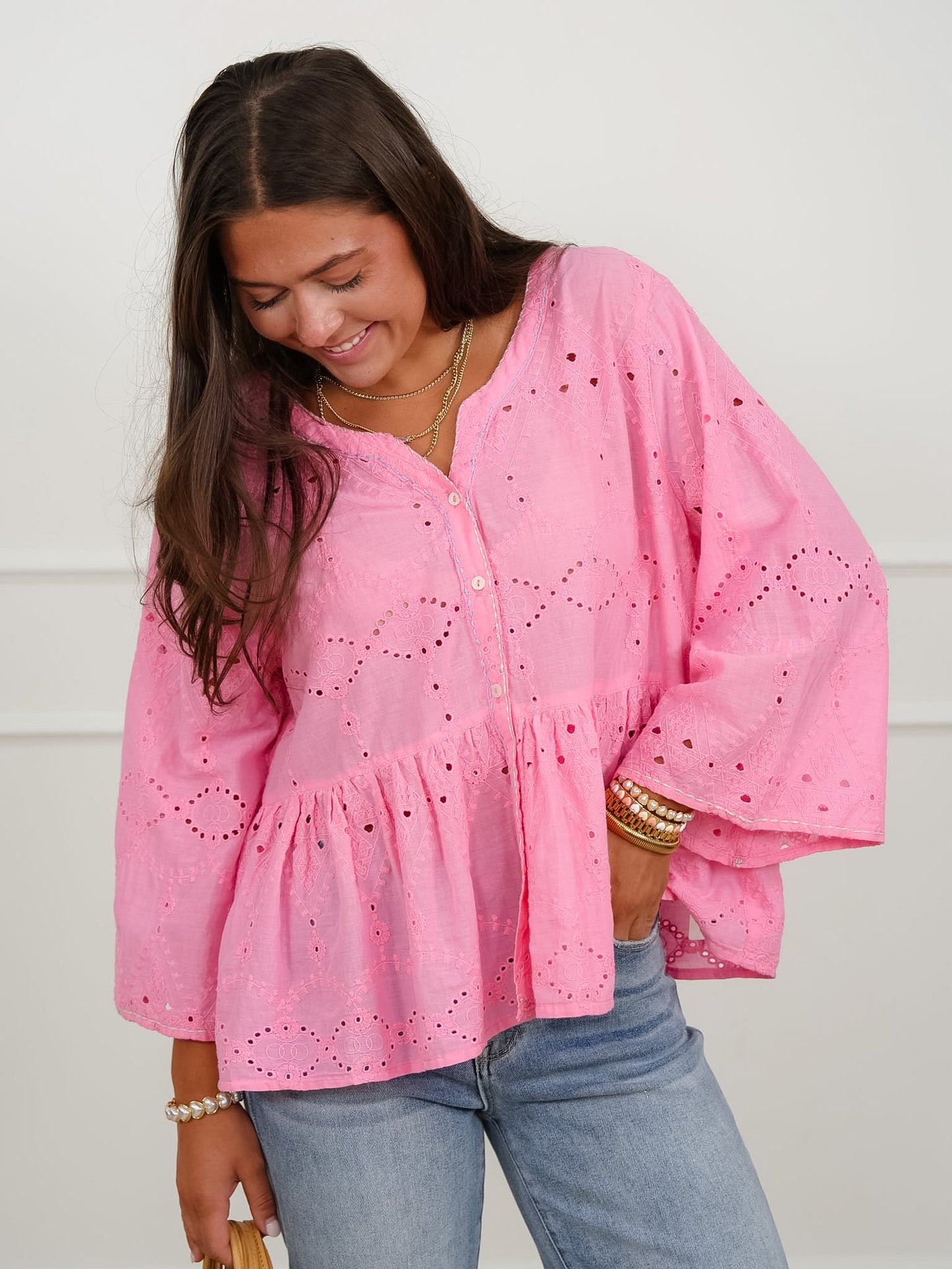 POL Eyelet Embroidered 3/4 Sleeve Button Down Top