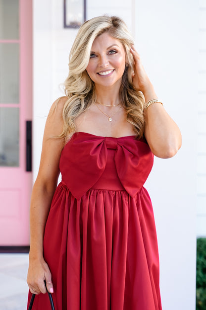 Solid Strapless Bubble Hem Midi Dress with Bow