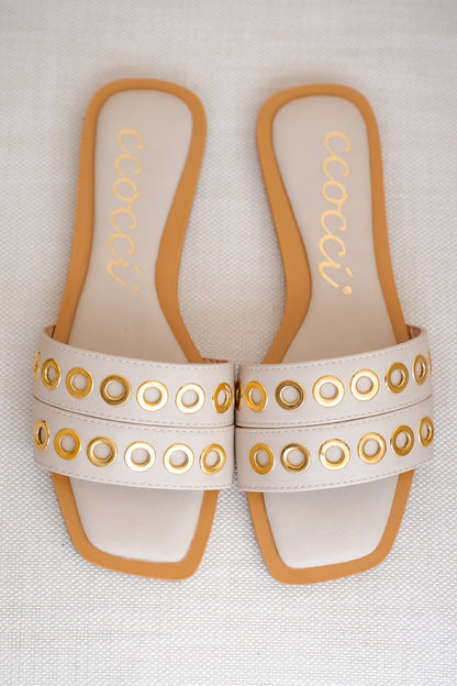 Flat Slide Sandals with Grommet Strap Detail