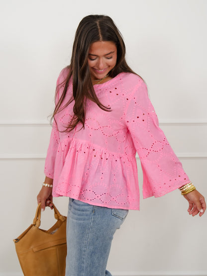 POL Eyelet Embroidered 3/4 Sleeve Button Down Top