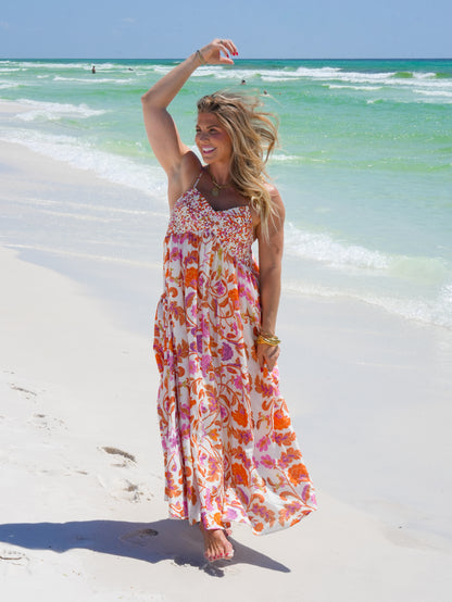 Floral Print Sleeveless Lattice Bodice Maxi Dress