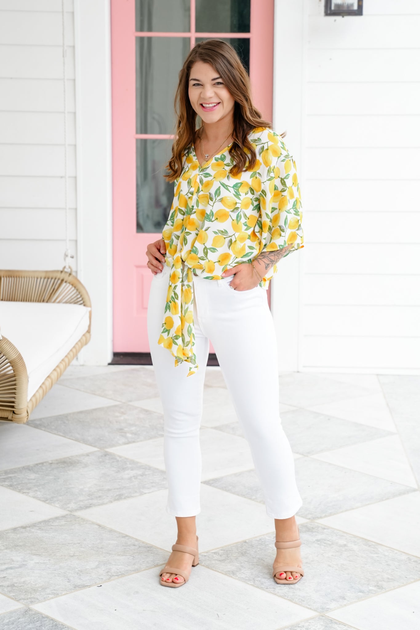 Plus/Reg Lemon Print Short Sleeve Tie Front Top