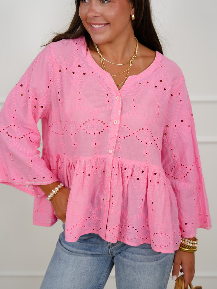 POL Eyelet Embroidered 3/4 Sleeve Button Down Top