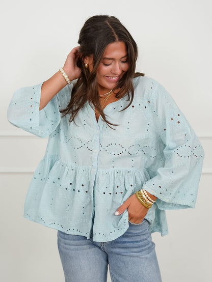 POL Eyelet Embroidered 3/4 Sleeve Button Down Top