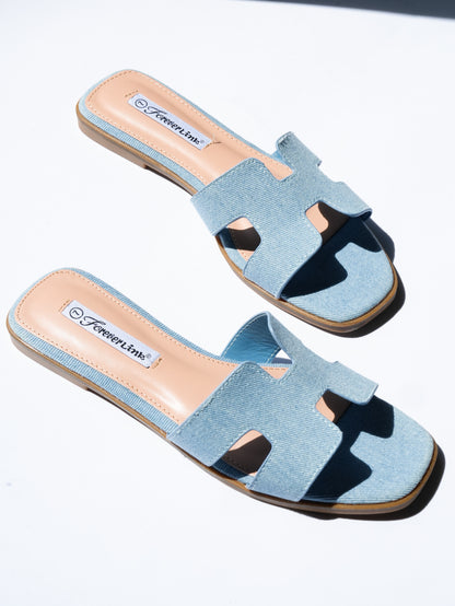 Denim H Strap Flat Slide Sandals