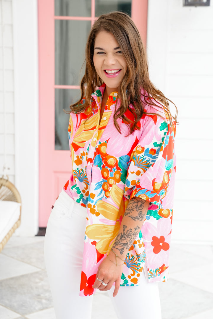Plus/Reg Floral Print Button Down Top