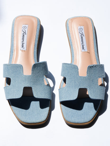 Denim H Strap Flat Slide Sandals