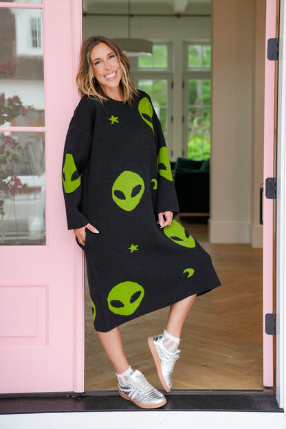 Black Knit Long Sleeve Sweater Dress with Alien Detail